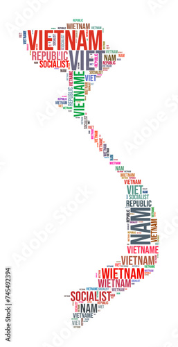 Vietnam country shape word cloud. Typography style country illustration. Vietnam image in text cloud style. Vector illustration.