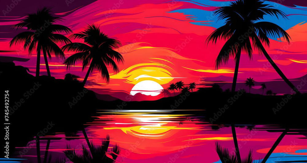 a sunset with palm trees reflected in the water