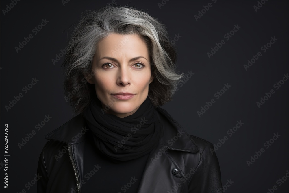 Portrait of a beautiful senior woman in a black leather jacket and scarf