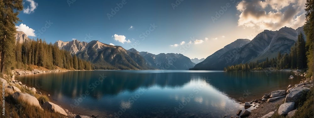 Amazing panoramic view of a lake surrounded by mountains from Generative AI