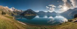 Amazing panoramic view of a lake surrounded by mountains from Generative AI