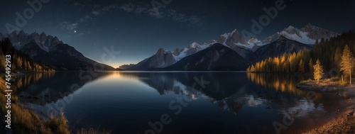 Amazing panoramic view of a lake surrounded by mountains at night from Generative AI © Arceli