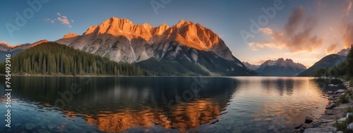 Amazing panoramic view of a lake surrounded by mountains at sunset from Generative AI © Arceli