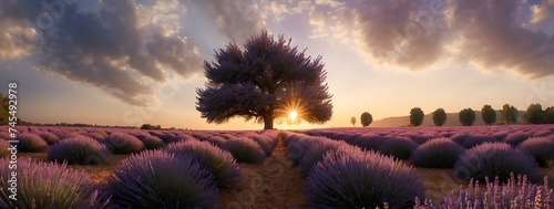 Amazing panoramic view of lavender flowers field with a tree on sunset from Generative AI