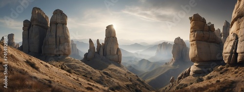 Amazing panoramic view of mountain rock formations from Generative AI © Arceli