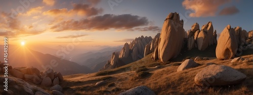 Amazing panoramic view of mountain rock formations at sunset from Generative AI