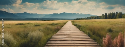 Panoramic summer nature landscape with wooden path background from Generative AI
