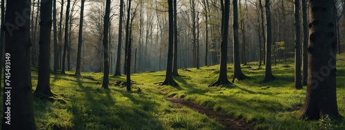 Panoramic spring forest landscape background from Generative AI © Arceli