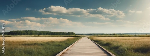 Panoramic summer nature landscape with wooden path background from Generative AI