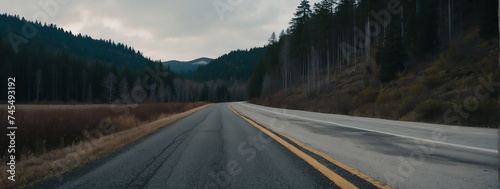 Panoramic view of a concrete road in the middle of a forest from Generative AI © Arceli