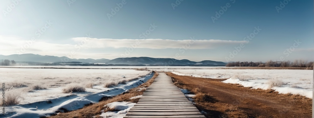Panoramic winter nature landscape with wooden path background from Generative AI - obrazy, fototapety, plakaty 