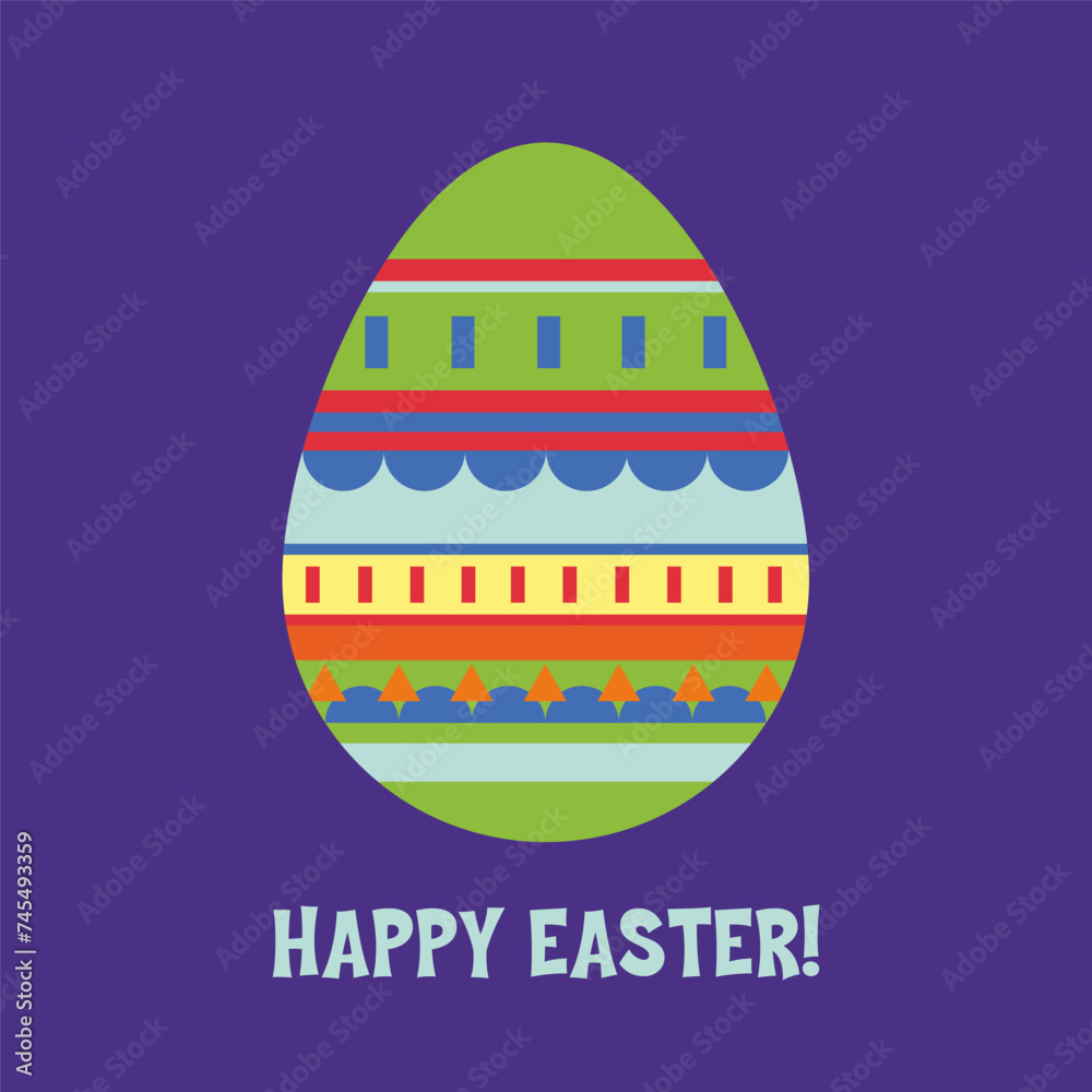 Minimalist Easter Day poster design for print or web. Colorful illustration of an egg with a multi-colored ornament on a bright background. Happy Easter greetings in vector.