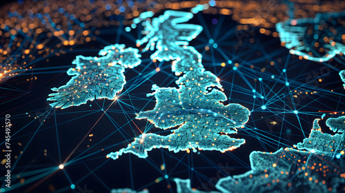 Dive into the mesmerizing visual of United Kingdom illuminated by digital connections, showcasing the country’s technological advancement and interconnectedness. Created with generative AI