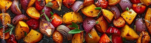 Roasted autumn vegetables with a drizzle of infused oils rustic chic © chayantorn
