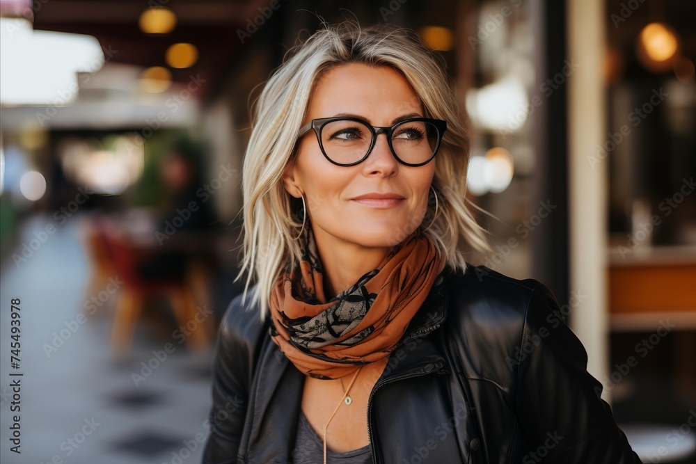 Portrait of a beautiful woman with glasses and a scarf in the city
