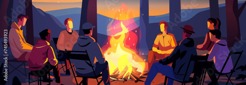 hikers sitting near campfire hiking camping concept people spend time at night summer camp in forest friends company on vacation