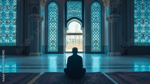 A muslim man praying gesture on mosque with back view and kneel gesture