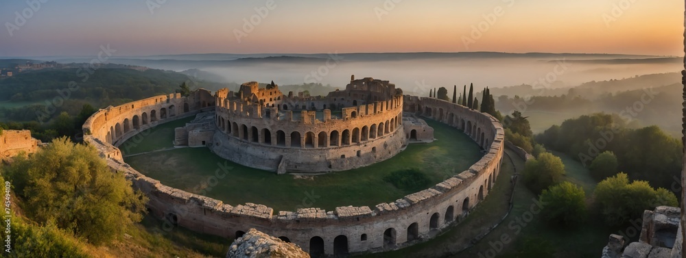 Wide angle panoramic view of an ancient roman castle with columns at foggy dawn from Generative AI - obrazy, fototapety, plakaty 