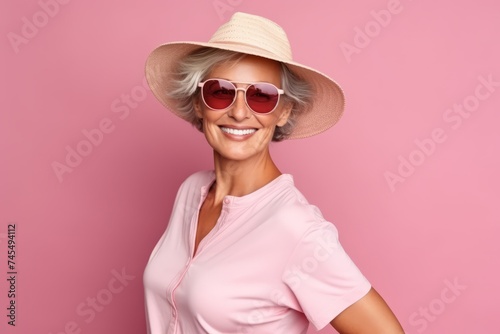 Portrait of smiling senior woman in hat and sunglasses on pink background