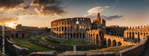 Wide angle panoramic view of an ancient roman castle with columns at sunset from Generative AI photo