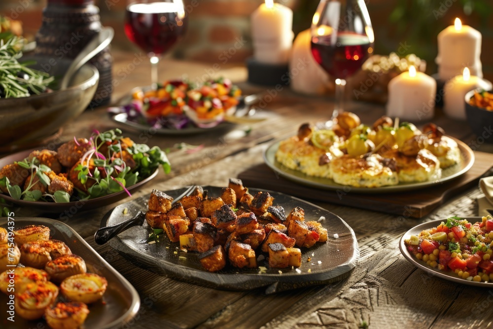 Assorted tapas on a rustic table setting with wine Assorted tapas on a rustic table setting with wine