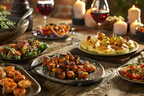 Assorted tapas on a rustic table setting with wine