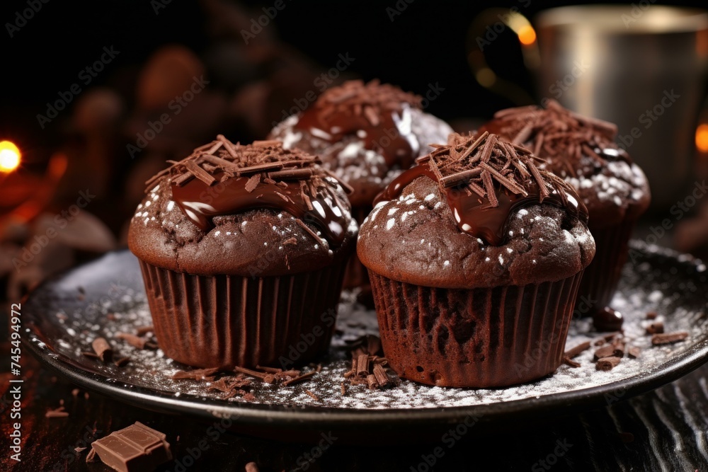 Chocolate muffins dessert dark. Coffee cake. Generate Ai