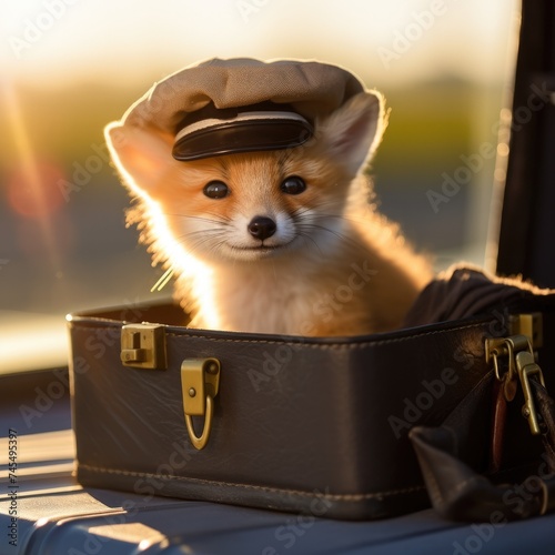 A small red fox wearing a hat sitting in a suitcase. Generative AI.