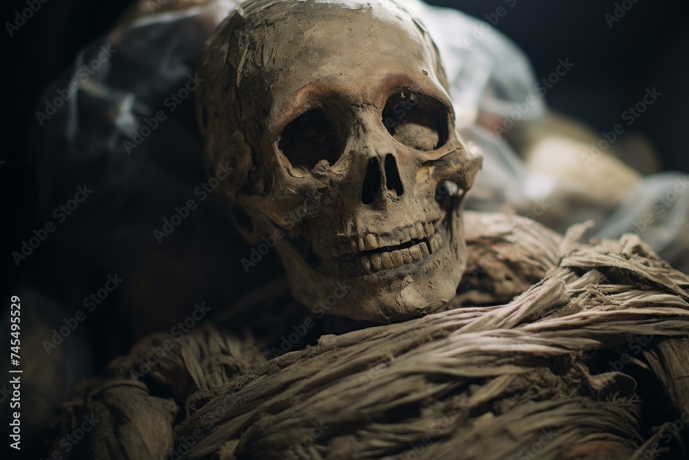 Ancient mummy skeleton. Zombie costume. Generate Ai Ancient mummy skeleton. Zombie costume. Generate Ai