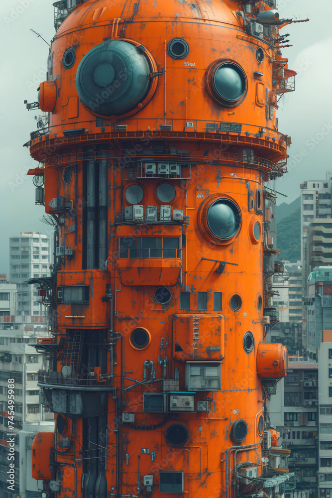 Orange Mechanical Tower with Futuristic Design in a Dense Urban Environment