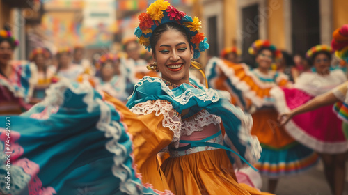 Smiling woman dancing in traditional folklore dress during the 5 de Mayo parade