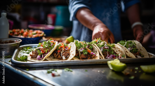 At a lively street food market, festival, or event, the skilled hands of a chef expertly craft Mexican tacos. The aroma of sizzling ingredients fills the air