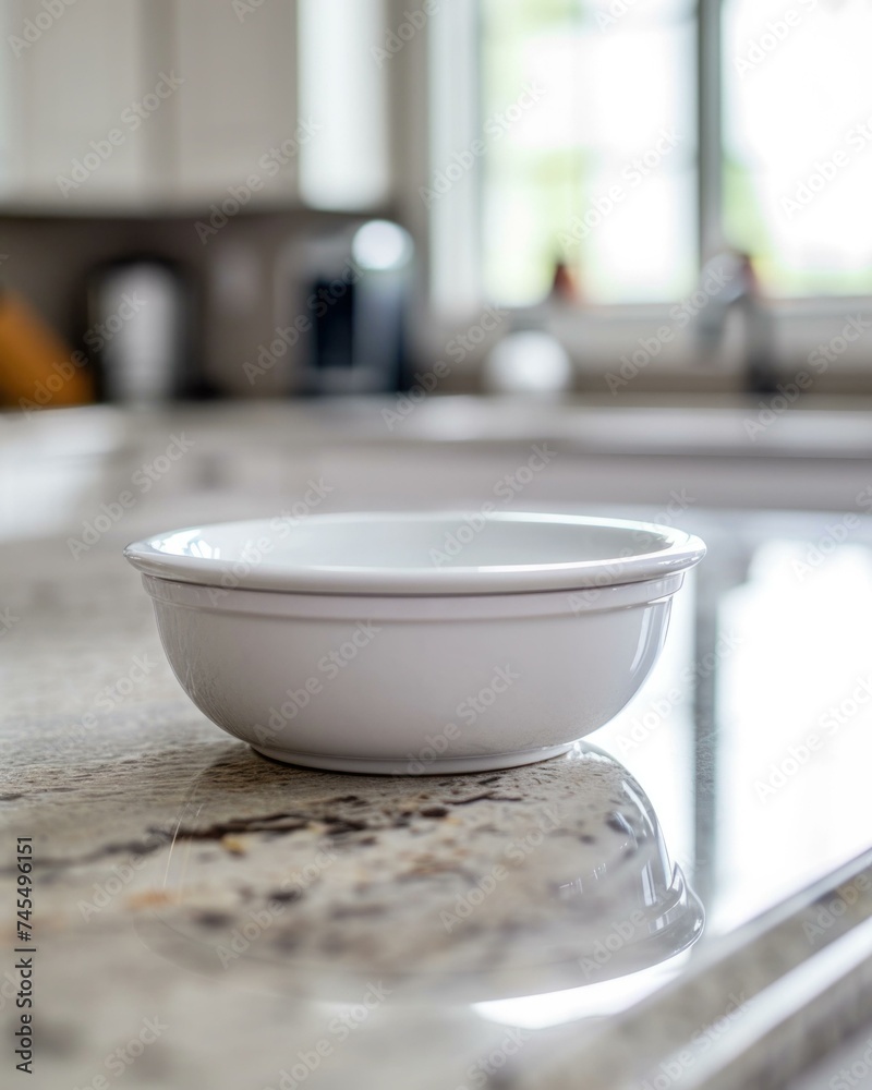 A white bowl sitting on a counter top. Generative AI. A white bowl sitting on a counter top. Generative AI.