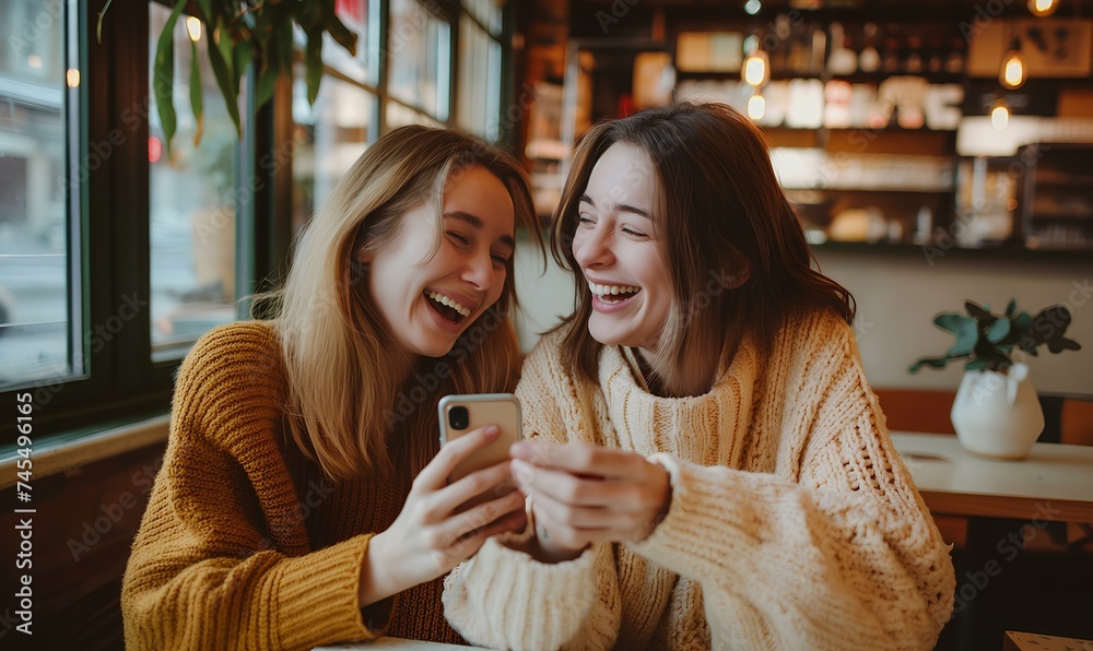 Naklejka premium smiling young women friends in cafe. mobile app for social media, online post or blog with gossip news. Customers, talk with phone in coffee shop on website to search or communication. generative AI