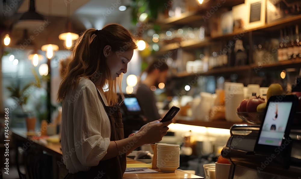smiling young woman in cafe. mobile app for social media, online post or blog with gossip news. Customers, talk with phone in coffee shop on website to search or communication. generative AI