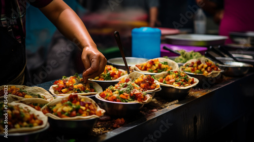 At a bustling street food market, festival, or event, the skilled hands of a chef delicately prepare Mexican tacos, their expertise evident in every gesture