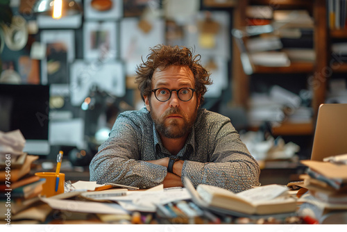 Despondent man with messy hair sitting at cluttered desk, feeling defeated or stressed.
 photo