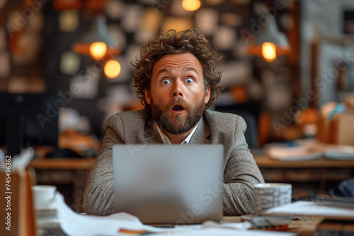 Shocked man with wild hair looking at laptop in disbelief, surrounded by paperwork. 