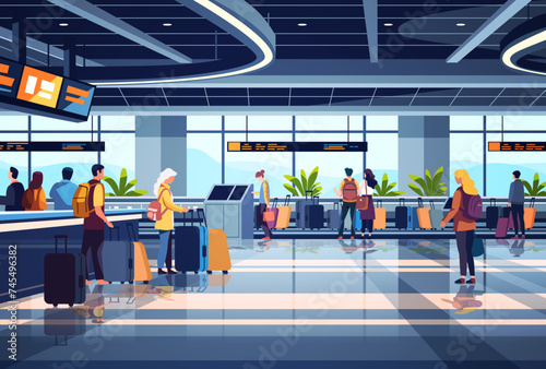 passengers with luggage in arrival waiting room self check in at automatic machine or buying tickets in interactive terminal airport interior