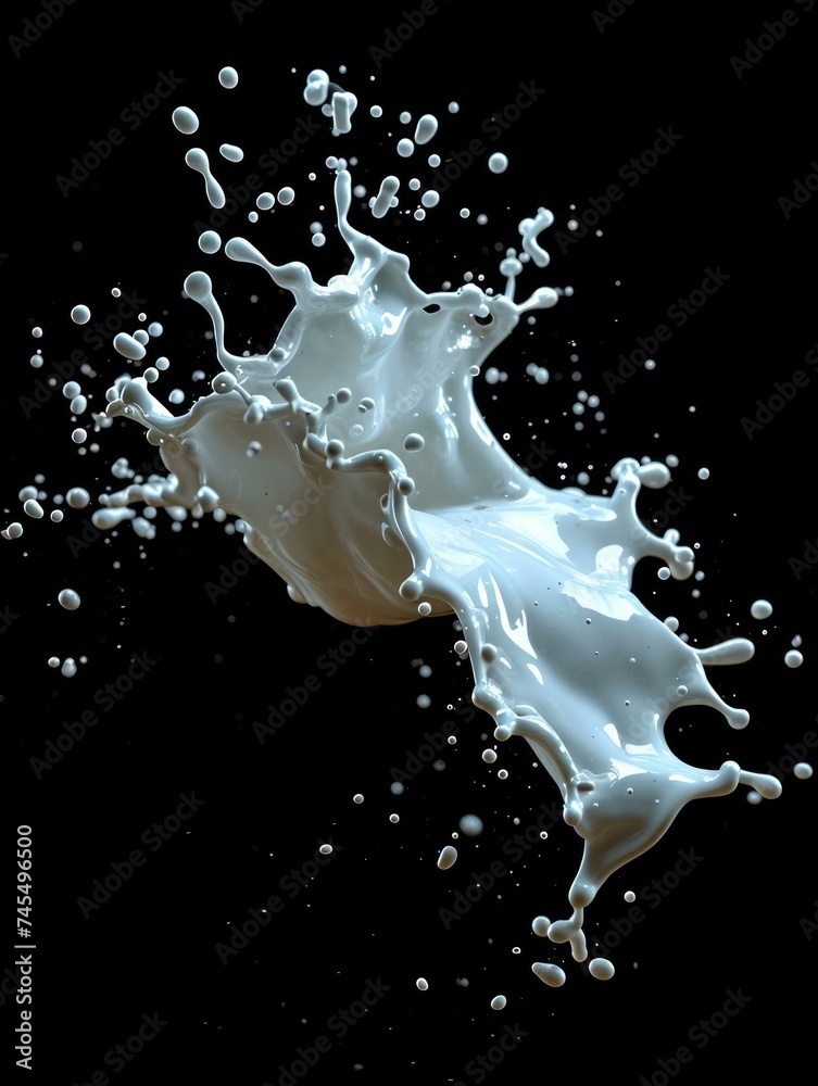 A splash of milk is shown on a black background. Generative AI. A splash of milk is shown on a black background. Generative AI.