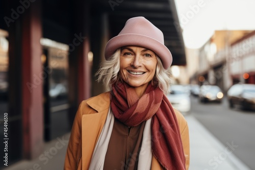 Cheerful senior woman in beret and scarf walking on the street