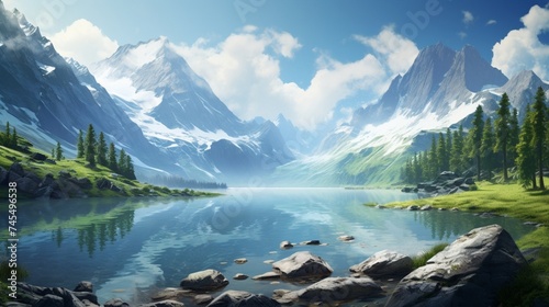 a simple and elegant portrayal of a crystal-clear alpine lake surrounded by peaks