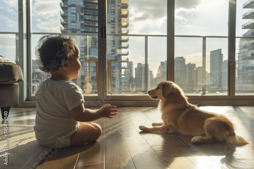 Toddler Reaching Out to a Friendly Dog in a Sunlit Modern Apartment