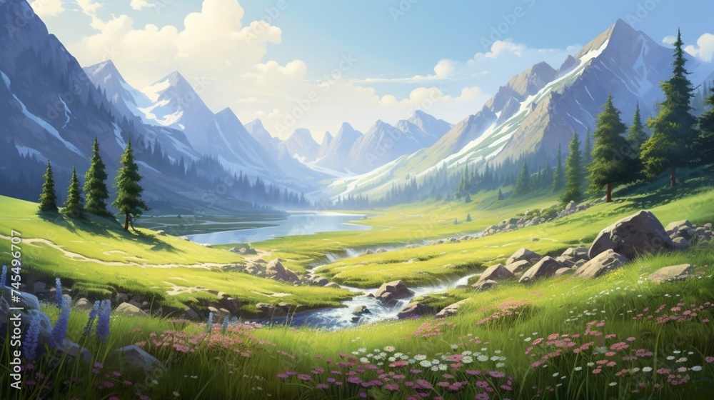 a simple and graceful representation of a sunlit meadow in a secluded Alpine setting