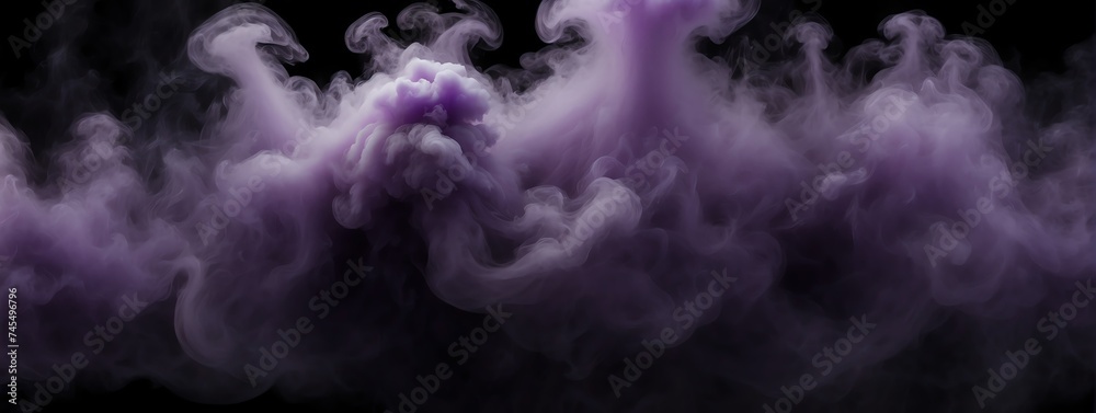 Panoramic view of a purple abstract fog smoke on plain black background from Generative AI