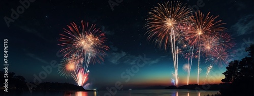 Panoramic view of a night sky with colorful fireworks display from Generative AI