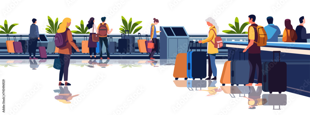 Fototapeta premium passengers with luggage in arrival waiting room or departure lounge international airport terminal interior horizontal