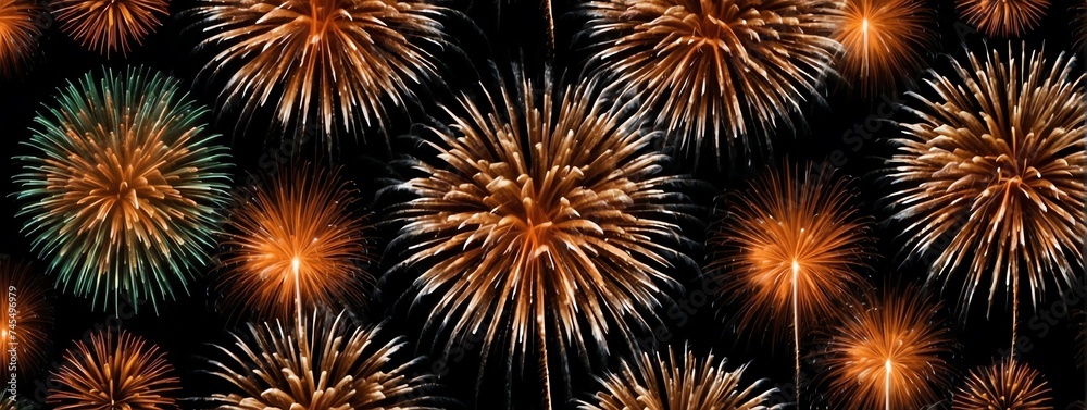 Panoramic view of orange fireworks display on plain black background from Generative AI Panoramic view of orange fireworks display on plain black background from Generative AI