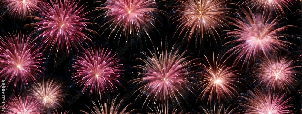 Panoramic view of pink fireworks display on plain black background from Generative AI Panoramic view of pink fireworks display on plain black background from Generative AI