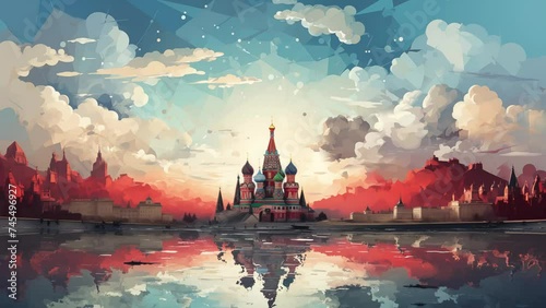 poster red square with church . cartoon anime style illustration background. seamless looping overlay 4k virtual video animation background photo